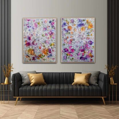 This listing is for a diptych. It's in various shades of pink, purple, green, yellow and grey/ beige.  The light colourful bubbles surrounded by feather-like grey/ beige strokes.