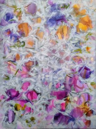 This listing is for a diptych. It's in various shades of pink, purple, green, yellow and grey/ beige.  The light colourful bubbles surrounded by feather-like grey/ beige strokes.