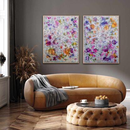 This listing is for a diptych. It's in various shades of pink, purple, green, yellow and grey/ beige.  The light colourful bubbles surrounded by feather-like grey/ beige strokes.