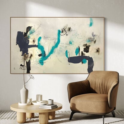 Large abstract of textured acrylic paint, ink, charcoal & pastel on a weathered ground of earthy, warm eggshell gray with light teal/blue, vibrant  peach/terracotta with 'narrative' black linework.