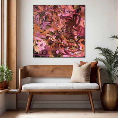 Gestural abstract botanical/floral painting with dominant colours of burgundy, pink, peach and olive green 