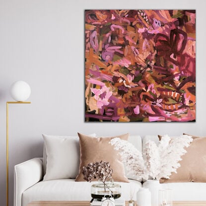 Gestural abstract botanical/floral painting with dominant colours of burgundy, pink, peach and olive green 