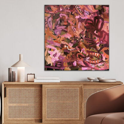 Gestural abstract botanical/floral painting with dominant colours of burgundy, pink, peach and olive green 