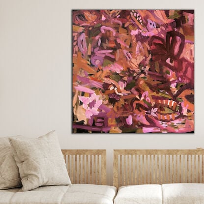 Gestural abstract botanical/floral painting with dominant colours of burgundy, pink, peach and olive green 