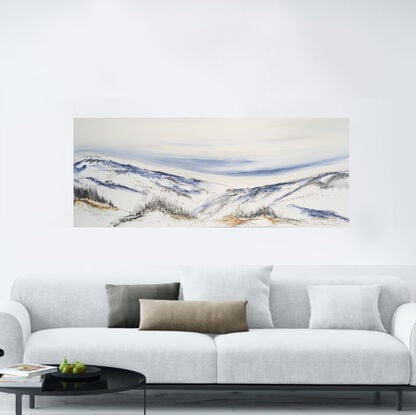 A large abstract painting of the Australian alpine region in  earth colours, white and blue