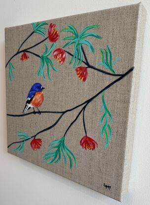 This Flame Robin is an Australian native bird 
I chose to built this painting with a dream zen garden 
In opposition with a realistic bird .
It give a note of natural deco.
This background linen give a note of neutral colour.. perfect in any little room.
Each painting is provided with a certificate of authenticity.
Wrapped securely with bubbles layers and thick cardboards.