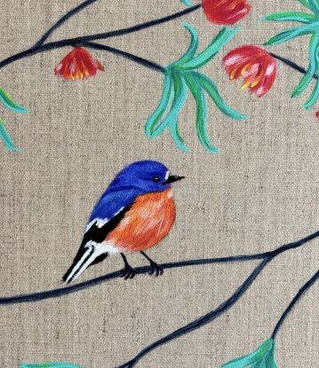 This Flame Robin is an Australian native bird 
I chose to built this painting with a dream zen garden 
In opposition with a realistic bird .
It give a note of natural deco.
This background linen give a note of neutral colour.. perfect in any little room.
Each painting is provided with a certificate of authenticity.
Wrapped securely with bubbles layers and thick cardboards.