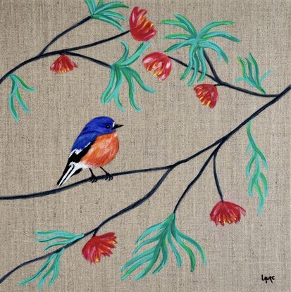 This Flame Robin is an Australian native bird 
I chose to built this painting with a dream zen garden 
In opposition with a realistic bird .
It give a note of natural deco.
This background linen give a note of neutral colour.. perfect in any little room.
Each painting is provided with a certificate of authenticity.
Wrapped securely with bubbles layers and thick cardboards.