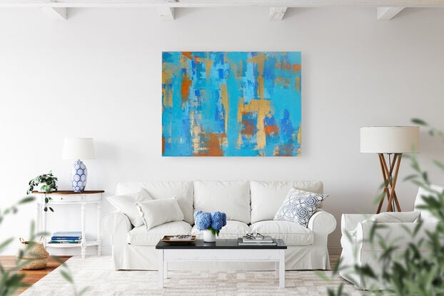 Abstract in beautiful Gold, Turquoise, Burnt Orange and Deep Blue!