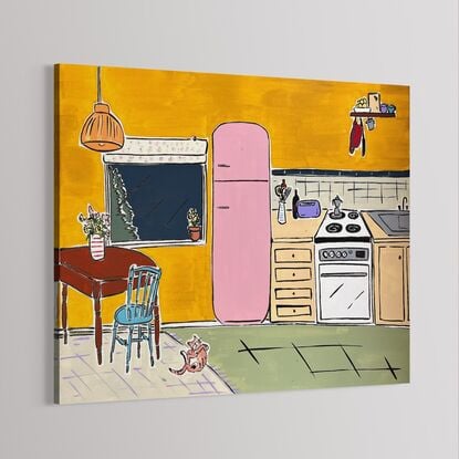 Simplify nostalgic kitchen with dog and fridge. 