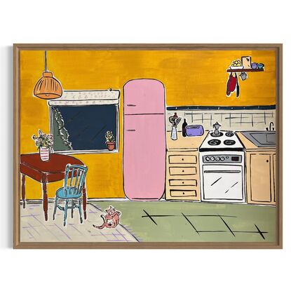 Simplify nostalgic kitchen with dog and fridge. 