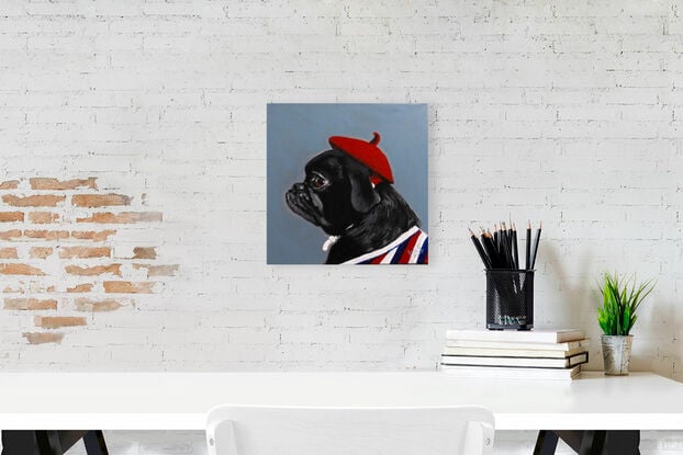 Gorgeous black pug wearing red beret and sporting a strip