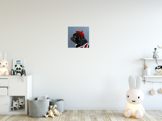 Gorgeous black pug wearing red beret and sporting a strip