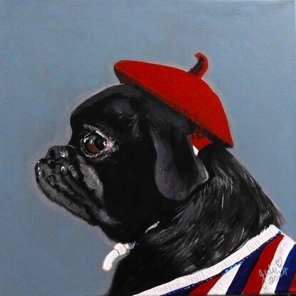 Gorgeous black pug wearing red beret and sporting a strip