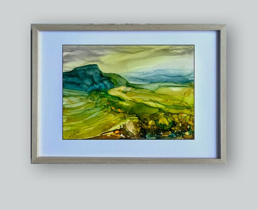 A strong expressive abstract landscape inks painting in shades of teal blue and yellow with pops of orange depicting a countryside scene of fields leading into blue mountain ranges,