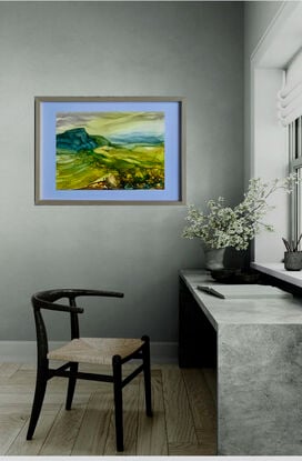 A strong expressive abstract landscape inks painting in shades of teal blue and yellow with pops of orange depicting a countryside scene of fields leading into blue mountain ranges,