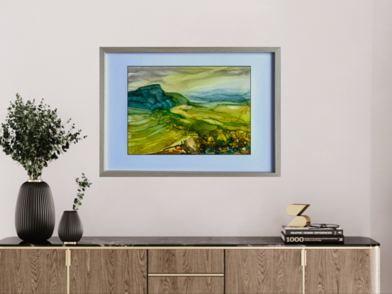 A strong expressive abstract landscape inks painting in shades of teal blue and yellow with pops of orange depicting a countryside scene of fields leading into blue mountain ranges,