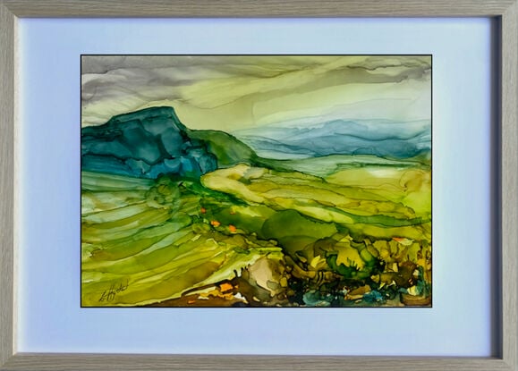 A strong expressive abstract landscape inks painting in shades of teal blue and yellow with pops of orange depicting a countryside scene of fields leading into blue mountain ranges,