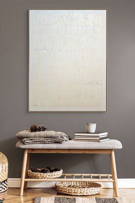 Cream on white canvas, linear patterns of crescent shaped texture overlaid with pale cornflower blue fingerprints in drifting vertical lines.