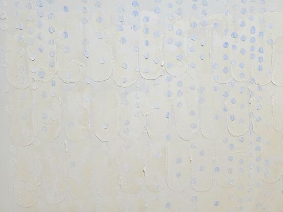 Cream on white canvas, linear patterns of crescent shaped texture overlaid with pale cornflower blue fingerprints in drifting vertical lines.