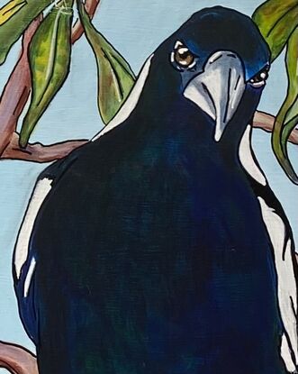 Two paintings that hang side by side. On each painting there is a close up of a magpie sitting on the branches of a gum tree.  Both magpies show all the blues and greens that can be seen amongst their black and white feathers when the sun is shining on them. 