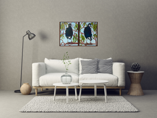 Two paintings that hang side by side. On each painting there is a close up of a magpie sitting on the branches of a gum tree.  Both magpies show all the blues and greens that can be seen amongst their black and white feathers when the sun is shining on them. 