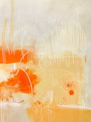 Large abstract of acrylic paint, with ink, pastel and pencil on a vibrant ground of earthy/rusty orange tones. 