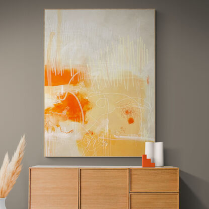 Large abstract of acrylic paint, with ink, pastel and pencil on a vibrant ground of earthy/rusty orange tones. 