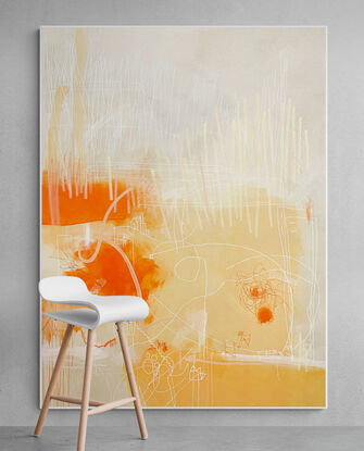 Large abstract of acrylic paint, with ink, pastel and pencil on a vibrant ground of earthy/rusty orange tones. 