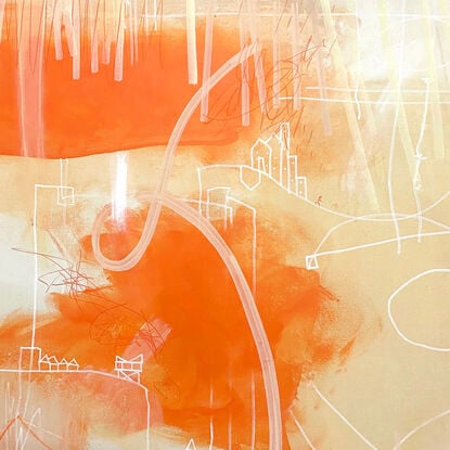 Large abstract of acrylic paint, with ink, pastel and pencil on a vibrant ground of earthy/rusty orange tones. 