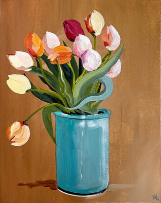 Colourful Tulips in Blue Vase Painting in Acrylic on Cotton Canvas