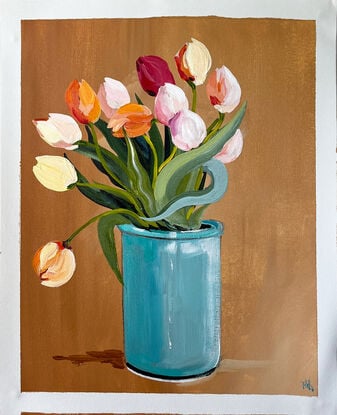 Colourful Tulips in Blue Vase Painting in Acrylic on Cotton Canvas