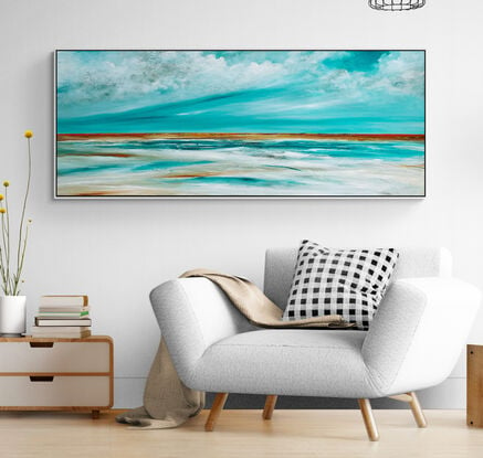 The Silent Waters is a textured abstract seascape, awash in vibrant teal blue hues, evoking the tranquility of the ocean. Fluffy white clouds float across the sky, while intricate mark making adds layers of depth and energy, capturing the essence of a dreamlike coastal haven.