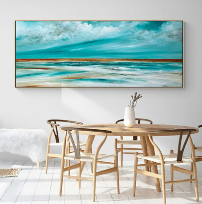 The Silent Waters is a textured abstract seascape, awash in vibrant teal blue hues, evoking the tranquility of the ocean. Fluffy white clouds float across the sky, while intricate mark making adds layers of depth and energy, capturing the essence of a dreamlike coastal haven.