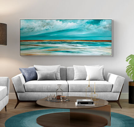 The Silent Waters is a textured abstract seascape, awash in vibrant teal blue hues, evoking the tranquility of the ocean. Fluffy white clouds float across the sky, while intricate mark making adds layers of depth and energy, capturing the essence of a dreamlike coastal haven.