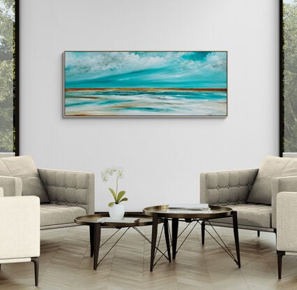 The Silent Waters is a textured abstract seascape, awash in vibrant teal blue hues, evoking the tranquility of the ocean. Fluffy white clouds float across the sky, while intricate mark making adds layers of depth and energy, capturing the essence of a dreamlike coastal haven.