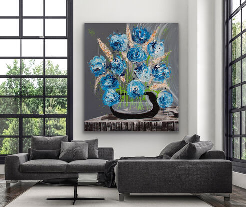 Blue abstract flowers.  A large bunch of bright abstract blue flowers.
Black Vase is a continuation of a floral series I began almost 20 years ago.  For the most part of this year I have been working on 4 floral arworks.  This is the final one in this series.