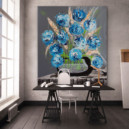 Blue abstract flowers.  A large bunch of bright abstract blue flowers.
Black Vase is a continuation of a floral series I began almost 20 years ago.  For the most part of this year I have been working on 4 floral arworks.  This is the final one in this series.