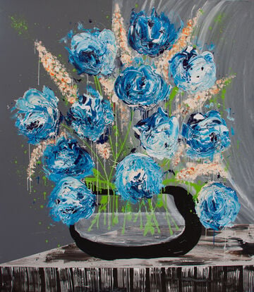 Blue abstract flowers.  A large bunch of bright abstract blue flowers.
Black Vase is a continuation of a floral series I began almost 20 years ago.  For the most part of this year I have been working on 4 floral arworks.  This is the final one in this series.