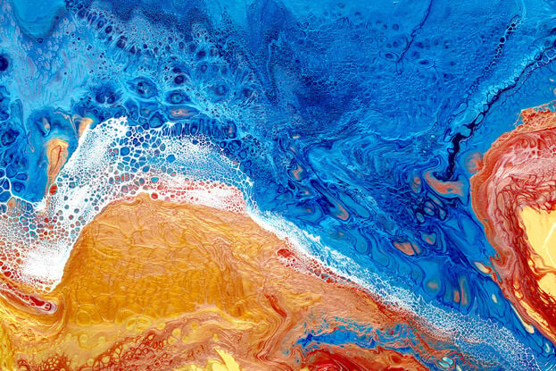 ABSTRACT painting that gives the impression of blue sandy islands in the blues of the ocean... not unlike what you would find in the Great Barrier Reef or off the Hawaiian islands.  The ochre hints of sand hints at Western Australia. The intricate mosaic pattern within the tonal blue hues and the glimmering metallics adds added interest and intrigue...
The closer you get to the painting the more of the interesting details and patterns you can see. Metallics add an extra depth because the painting changes personality when one views from different angles.