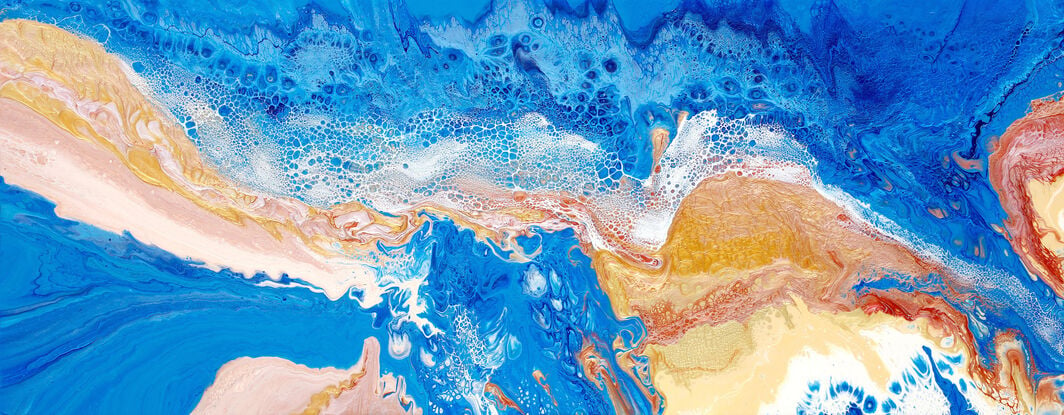 ABSTRACT painting that gives the impression of blue sandy islands in the blues of the ocean... not unlike what you would find in the Great Barrier Reef or off the Hawaiian islands.  The ochre hints of sand hints at Western Australia. The intricate mosaic pattern within the tonal blue hues and the glimmering metallics adds added interest and intrigue...
The closer you get to the painting the more of the interesting details and patterns you can see. Metallics add an extra depth because the painting changes personality when one views from different angles.