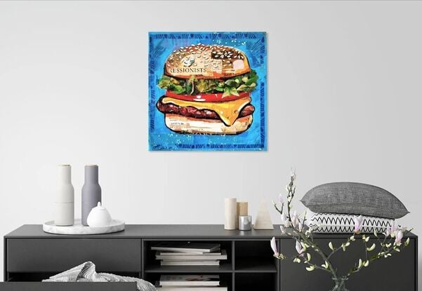 A collaged burger painting