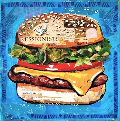 A collaged burger painting