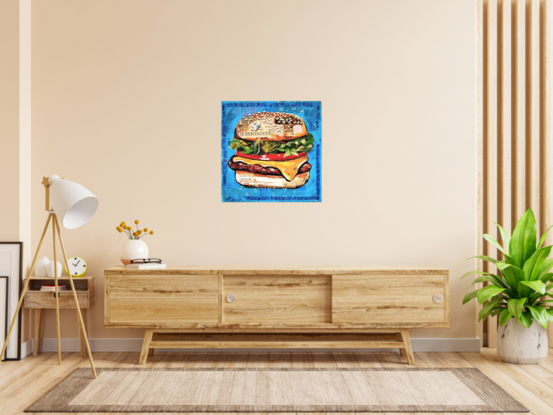 A collaged burger painting