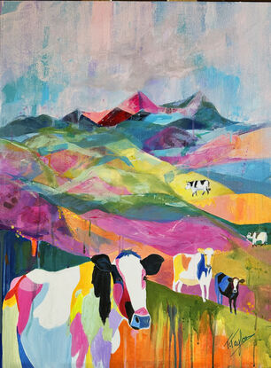 A group of cows are dotted across a lively and colourful country landscape. The painting is layered and multi-coloured. The rolling hills continue into the distant horizon while the stylised and decorative cows playfully stand still for the camera. This painting looks a bit like a screen print, but it's subtle details and textures gives it a depth that you discover when really looking at the picture