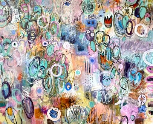 A soft, quiet, but energetic painting.  Soft hues are painted beneath, with drawings of circles and ovals in contrasting paint, crayon, pencil in various sizes.