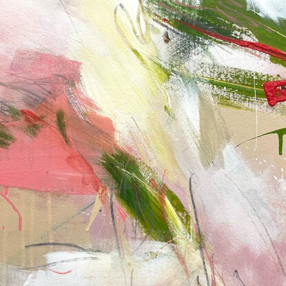 Subtle tones in green, pink, white, grey, beige and neutral tones combined with large expressive pencil and paint marks, across the canvas surface. 