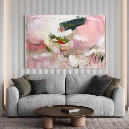 Subtle tones in green, pink, white, grey, beige and neutral tones combined with large expressive pencil and paint marks, across the canvas surface. 