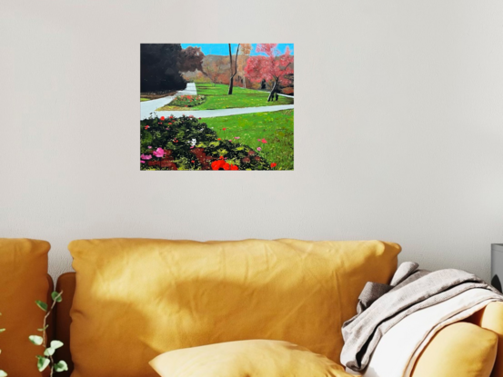 Colourful garden. Flowers. Bright sky and green gardens.