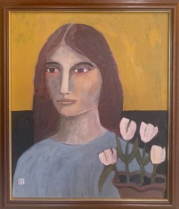 The painting depicts the head and shoulders of a girl. There is a vase of white flowers  to one side in front of her. The background is black and yellow. 